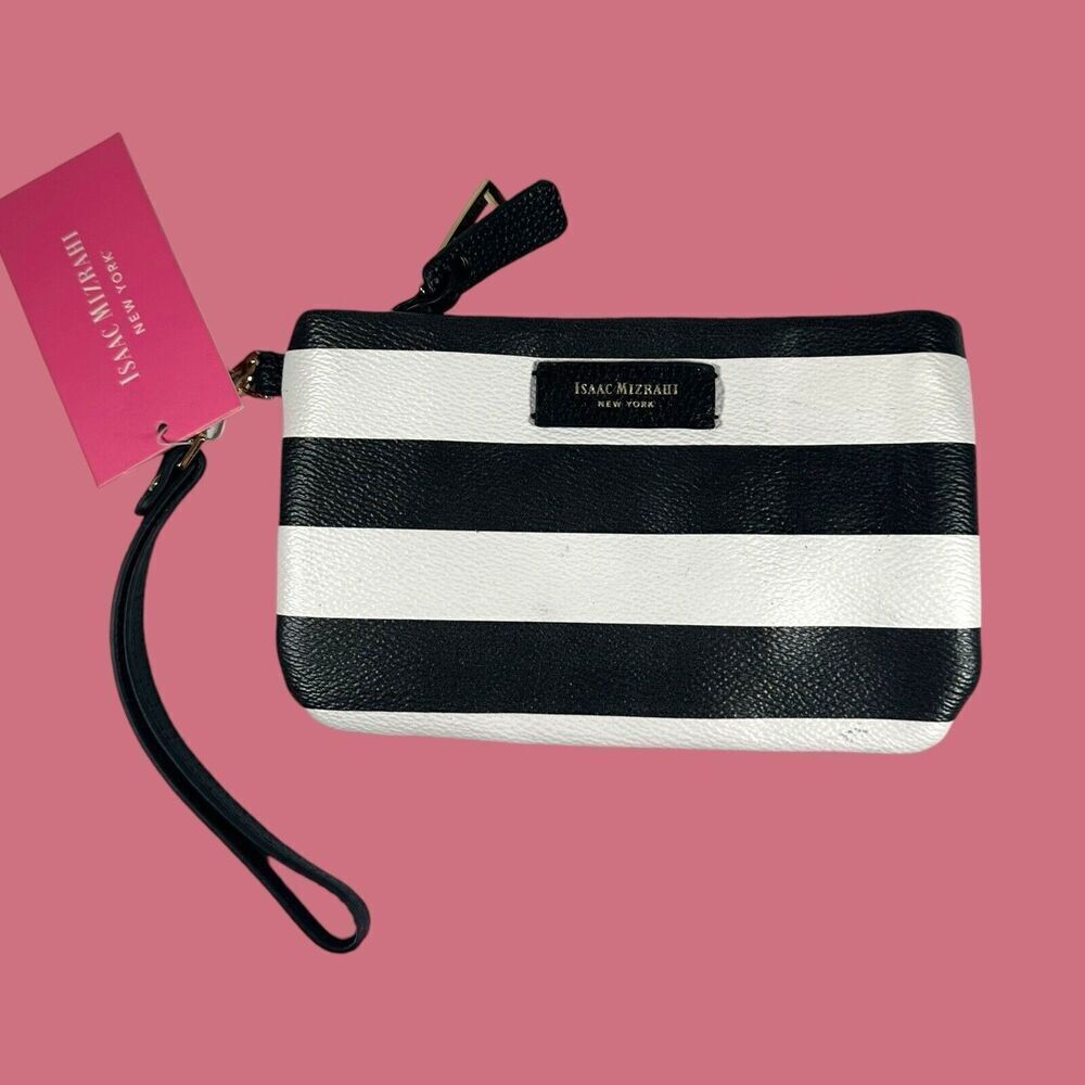 Isaac Mizrahi Wristlet Wallet Black White Stripe NWT Loretta 4x6.5” IM92419